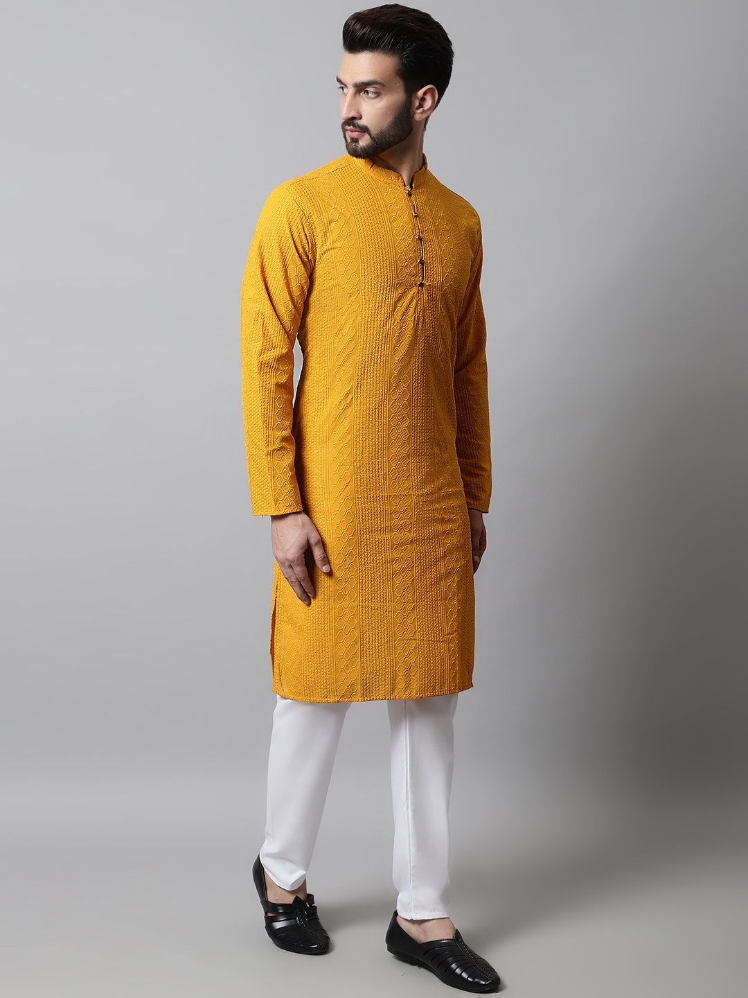 

Jompers Men Mustard Self Design Kurta with Churidar