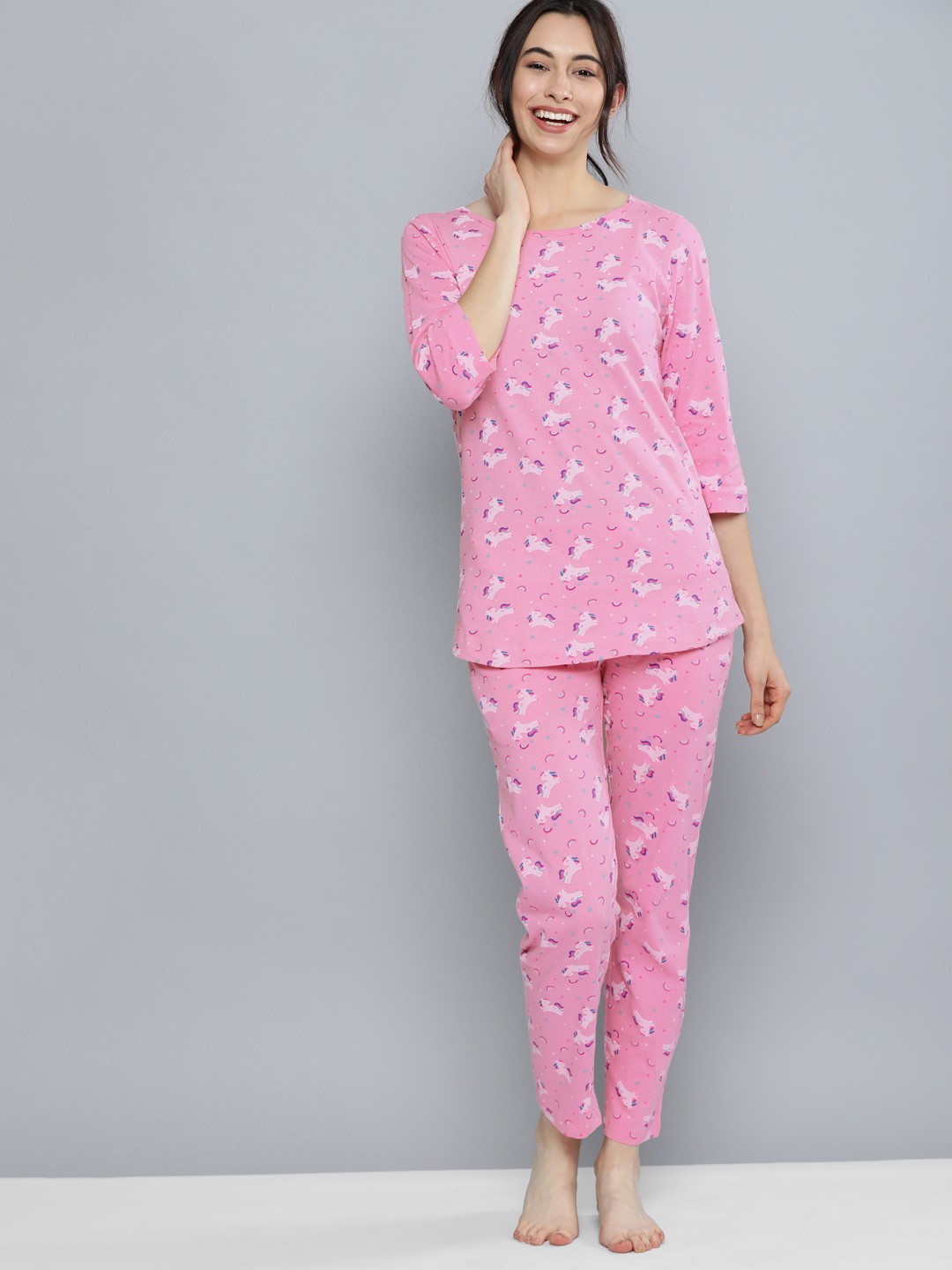 

HERE&NOW Women Pink & Blue Printed Night suit