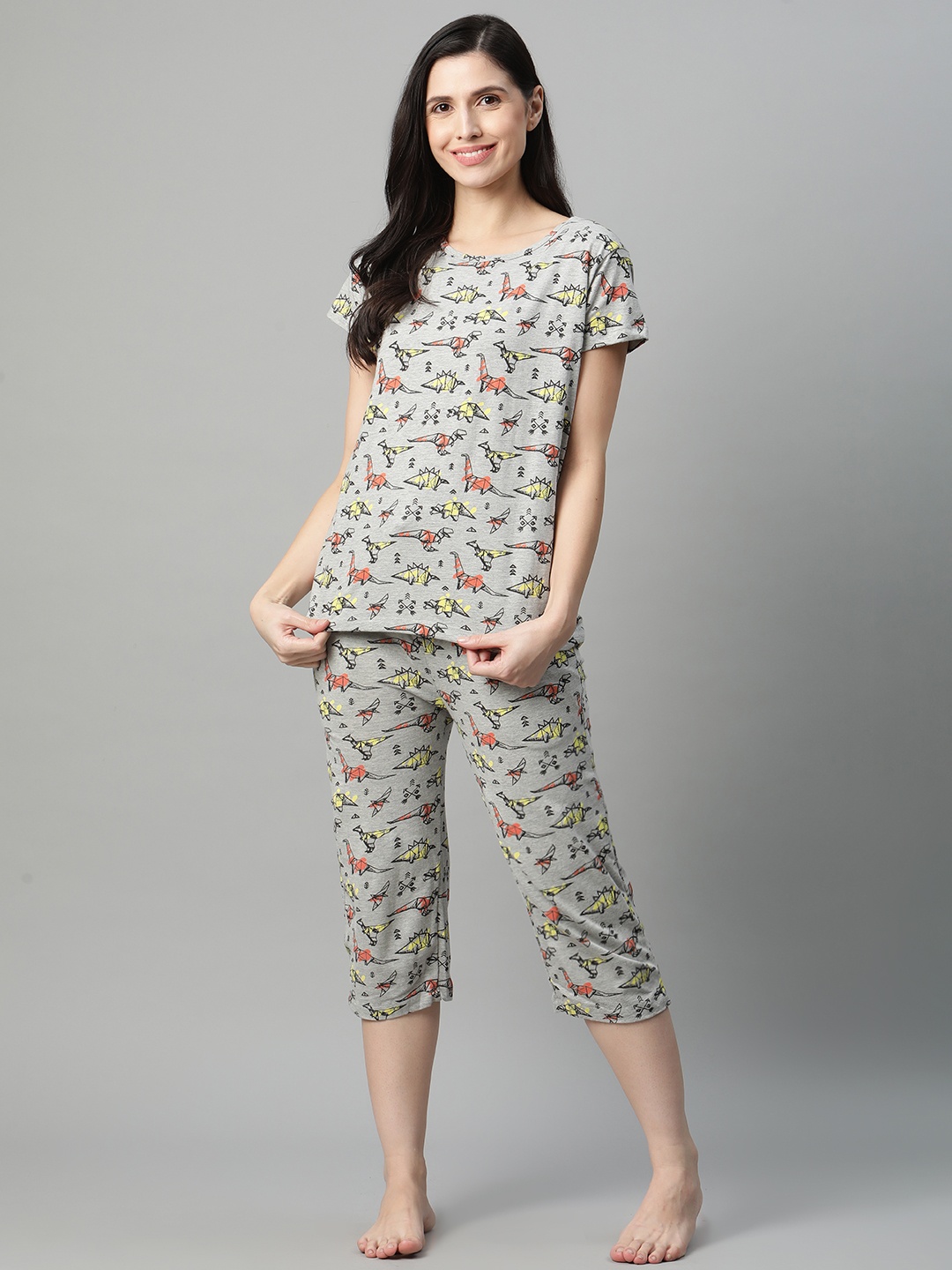 

HERE&NOW Women Grey Melange & Orange Printed Night suit