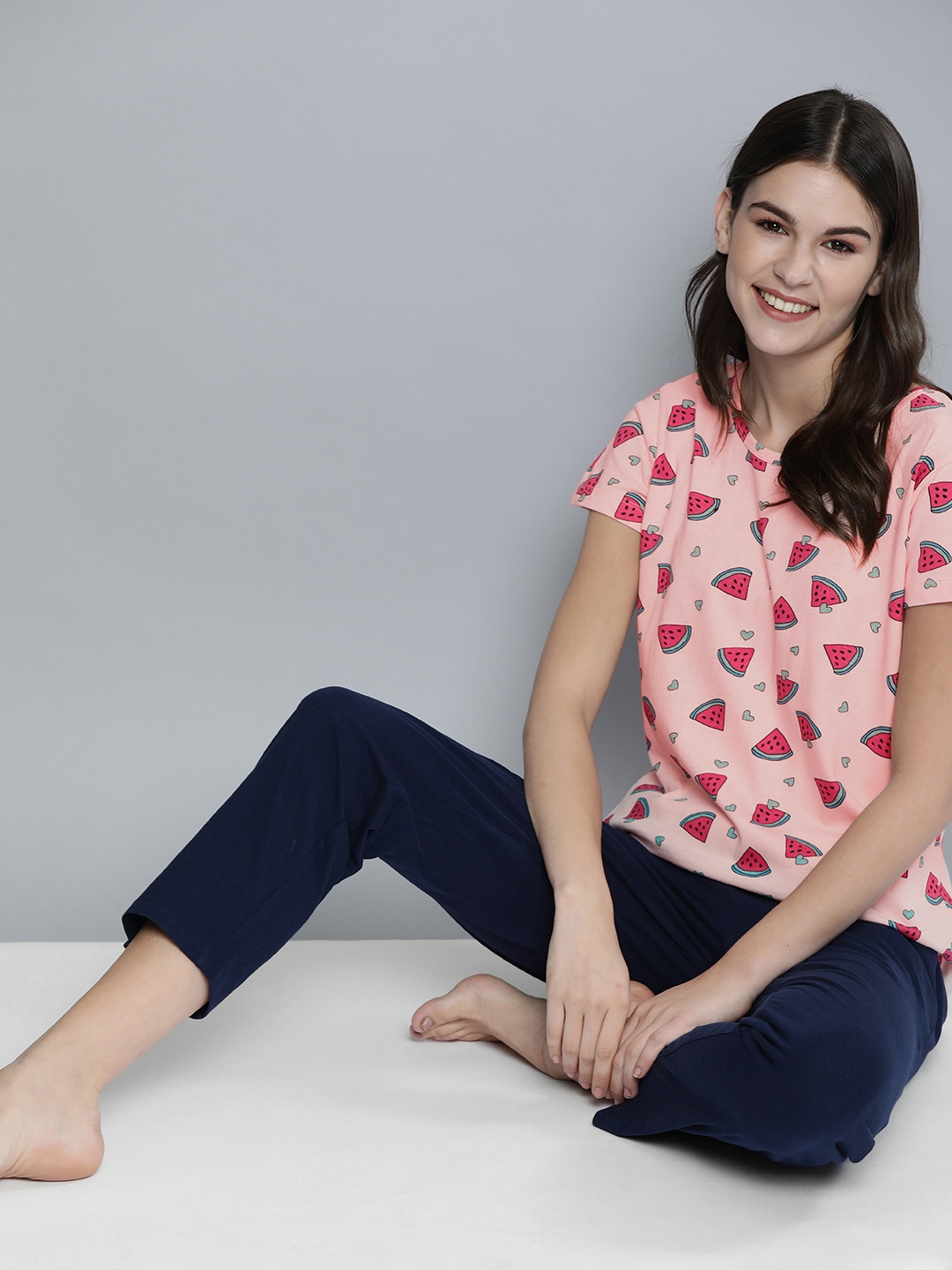 

HERE&NOW Women Peach & Multicoloured Printed Night suit