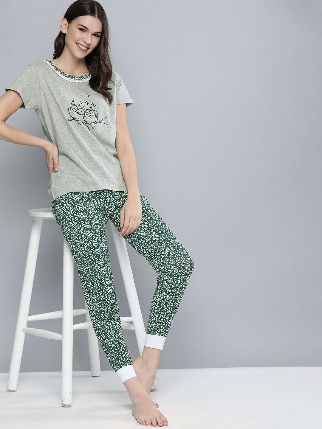 

HERE&NOW Women Grey Melange & Green Printed Night suit