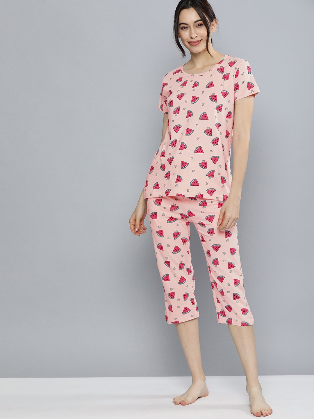 

HERE&NOW Women Peach-Coloured & Multicoloured Printed Night suit