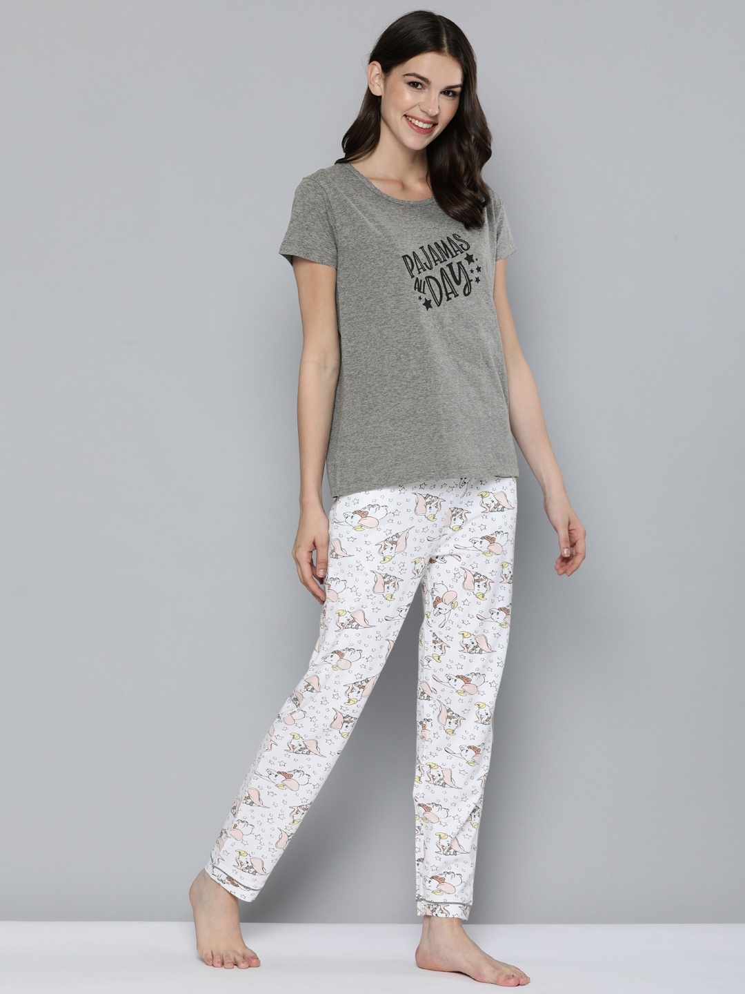 

HERE&NOW Women Grey Melange & White Printed Night suit