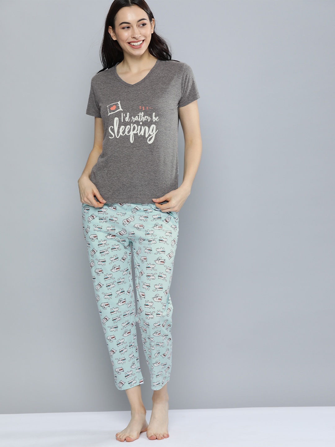 

HERE&NOW Women Grey & Turquoise Blue Printed Night suit