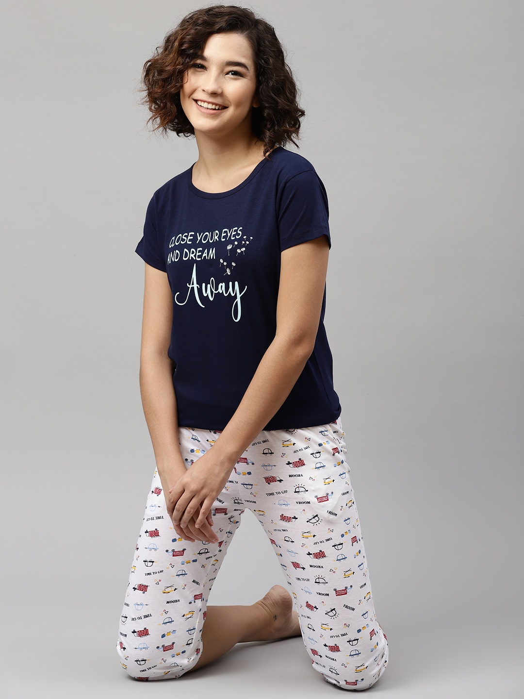 

HERE&NOW Women Navy Blue & White Printed Pure Cotton Night suit