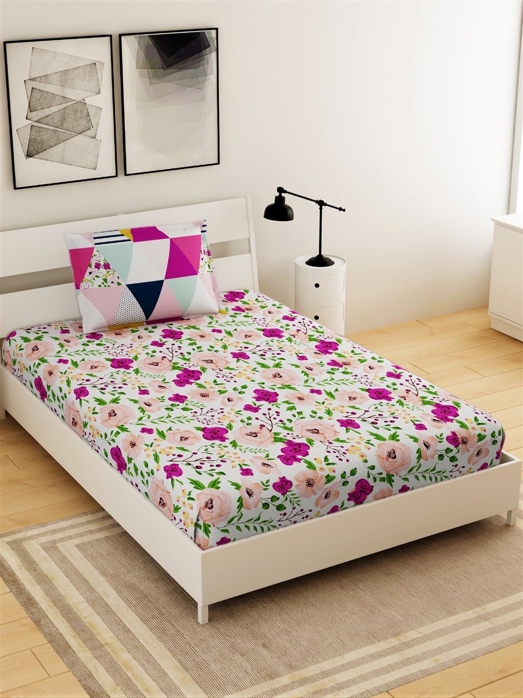 

Salona Bichona White & Pink Floral 144 TC Polyester 1 Single Bedsheet with 1 Pillow Covers