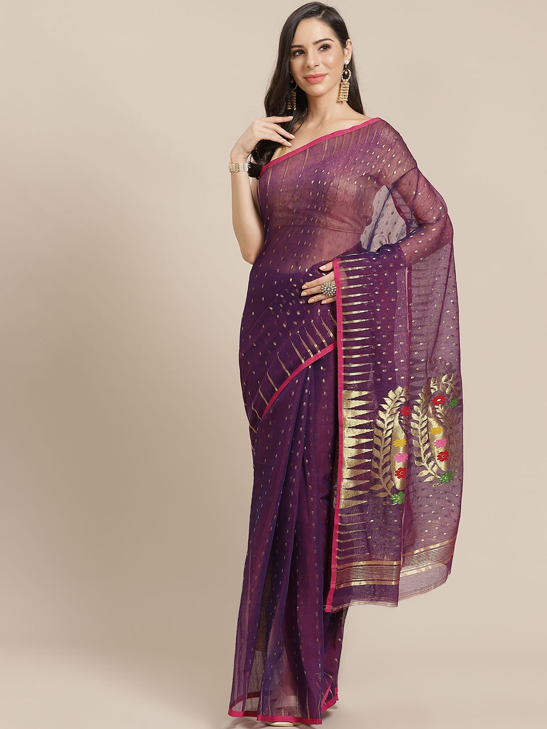 

Kalakari India Purple & Golden Woven Design Jamdani Handloom Saree