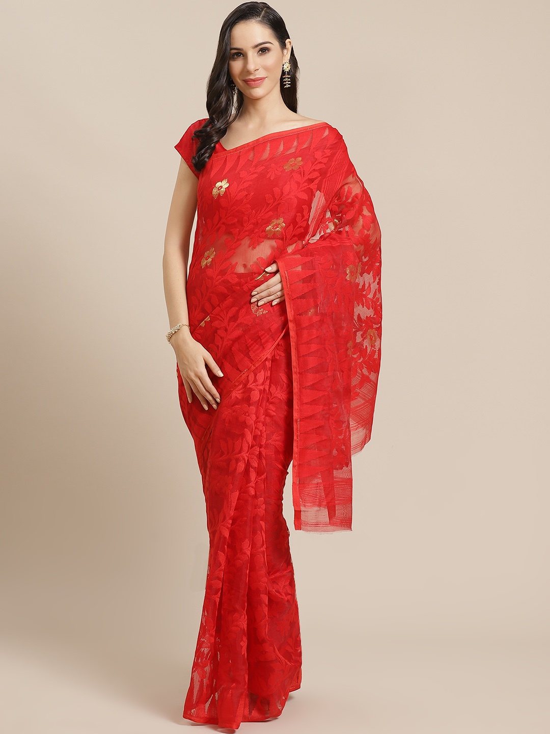 

Kalakari India Red & Golden Woven Design Jamdani Handloom Saree