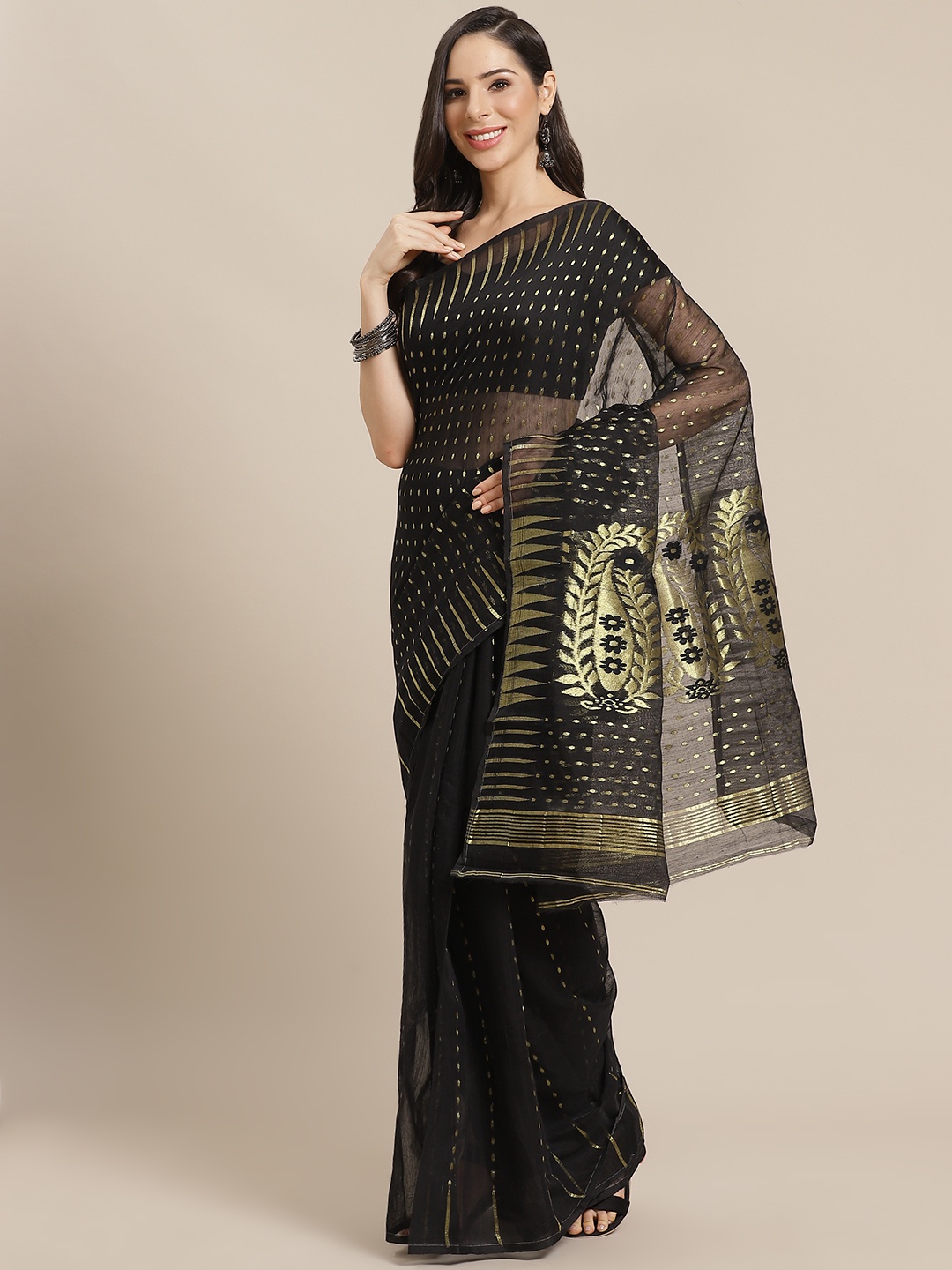 

Kalakari India Black & Golden Woven Design Jamdani Handloom Saree
