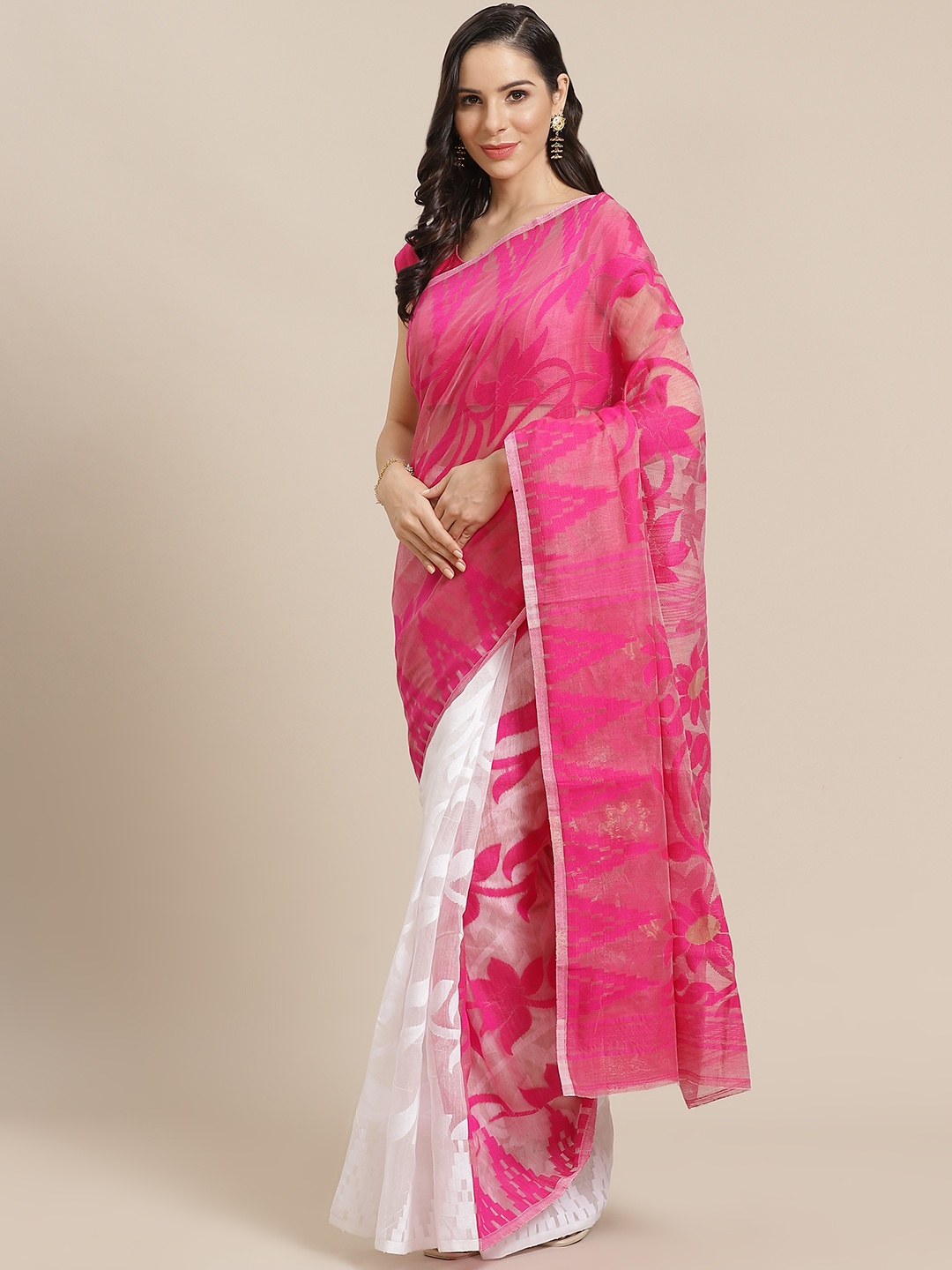 

Kalakari India Pink & White Woven Design Jamdani Handloom Saree