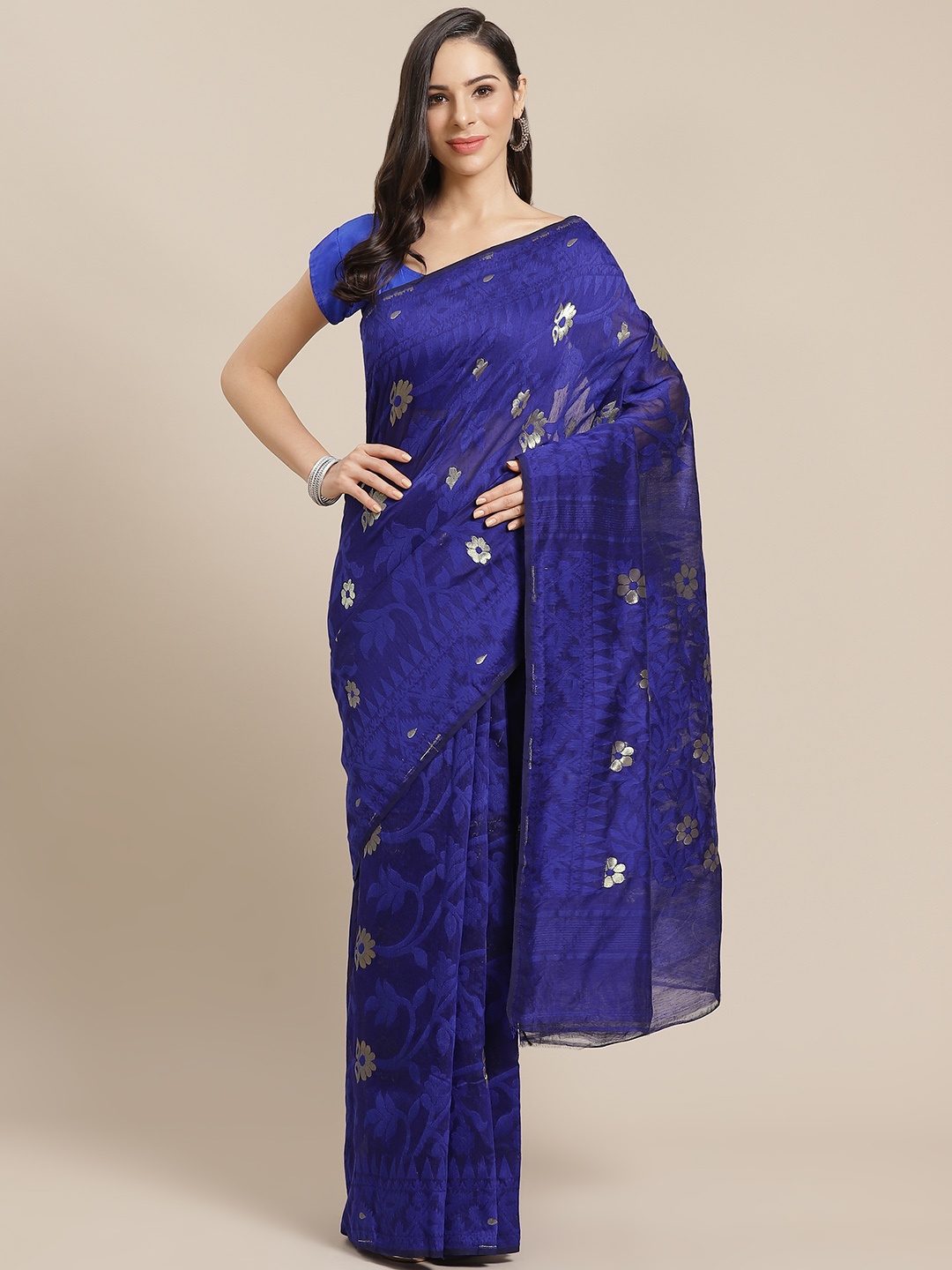 

Kalakari India Blue & Golden Woven Design Jamdani Handloom Saree