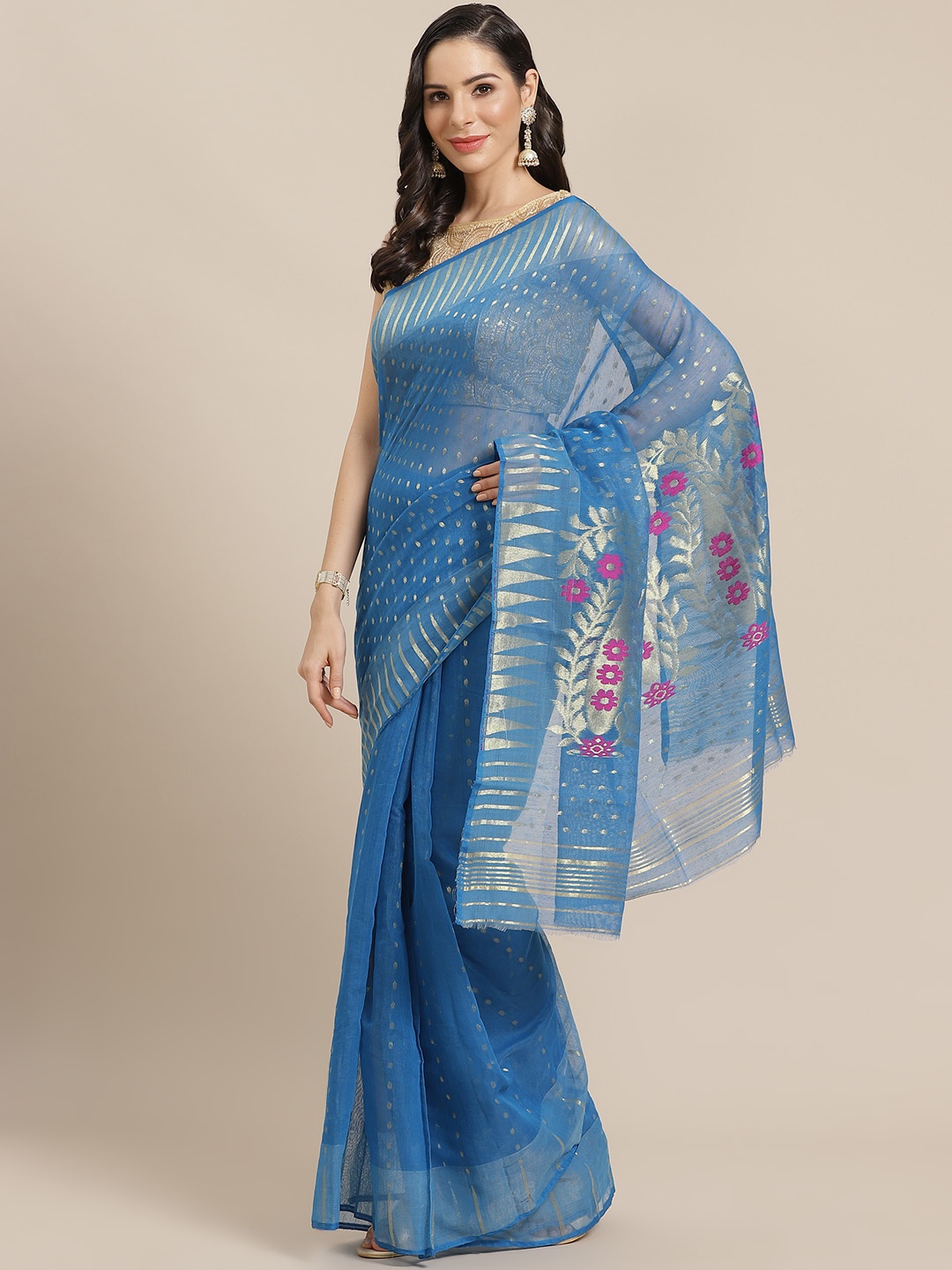 

Kalakari India Blue & Golden Woven Design Jamdani Handloom Saree