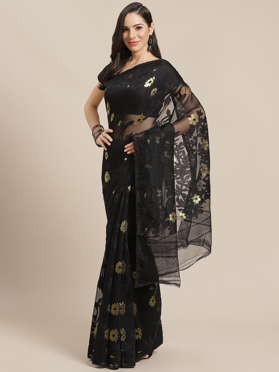 

Kalakari India Black & Golden Woven Design Jamdani Handloom Saree