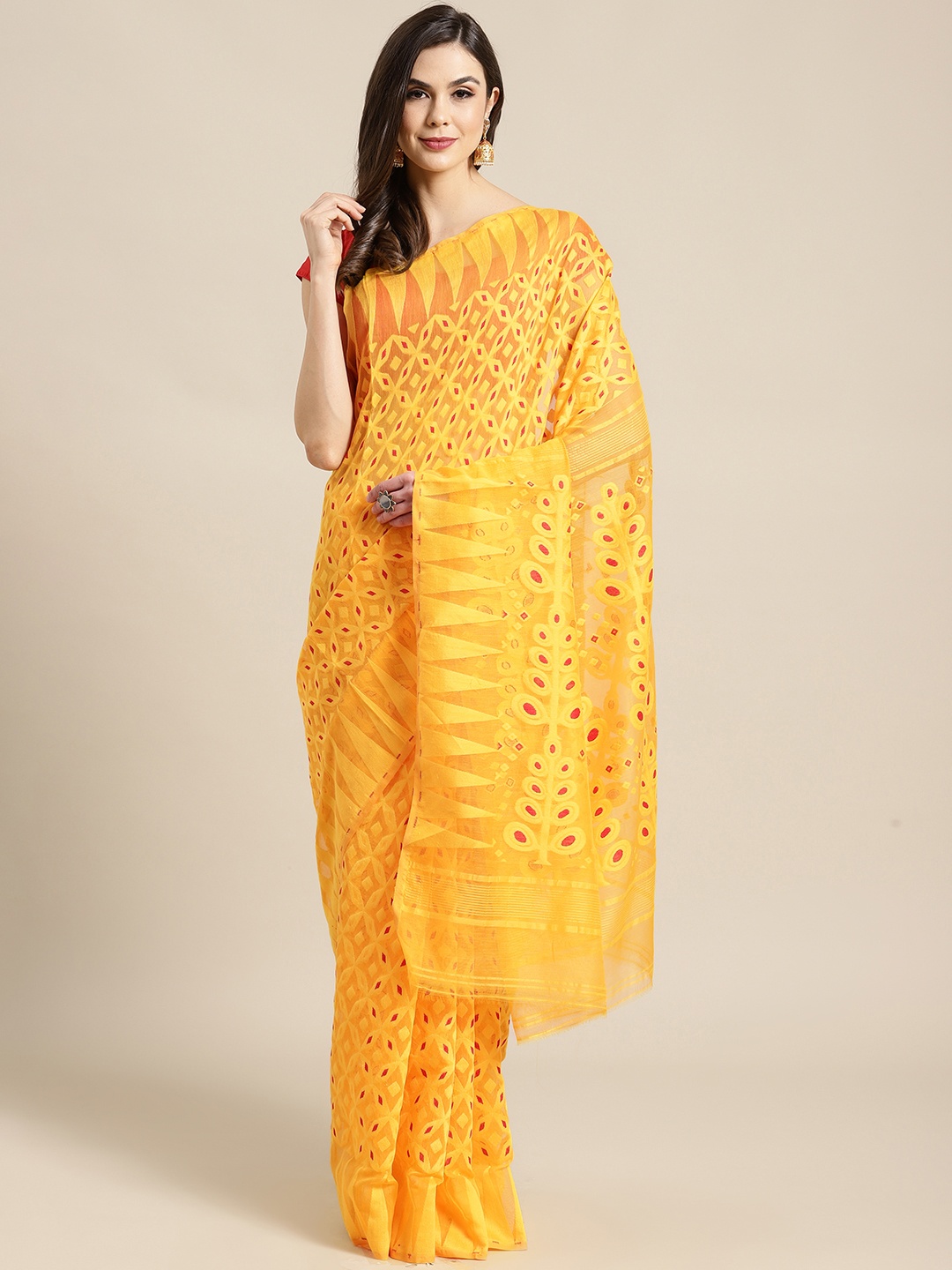 

Kalakari India Yellow & Red Woven Design Jamdani Handloom Saree