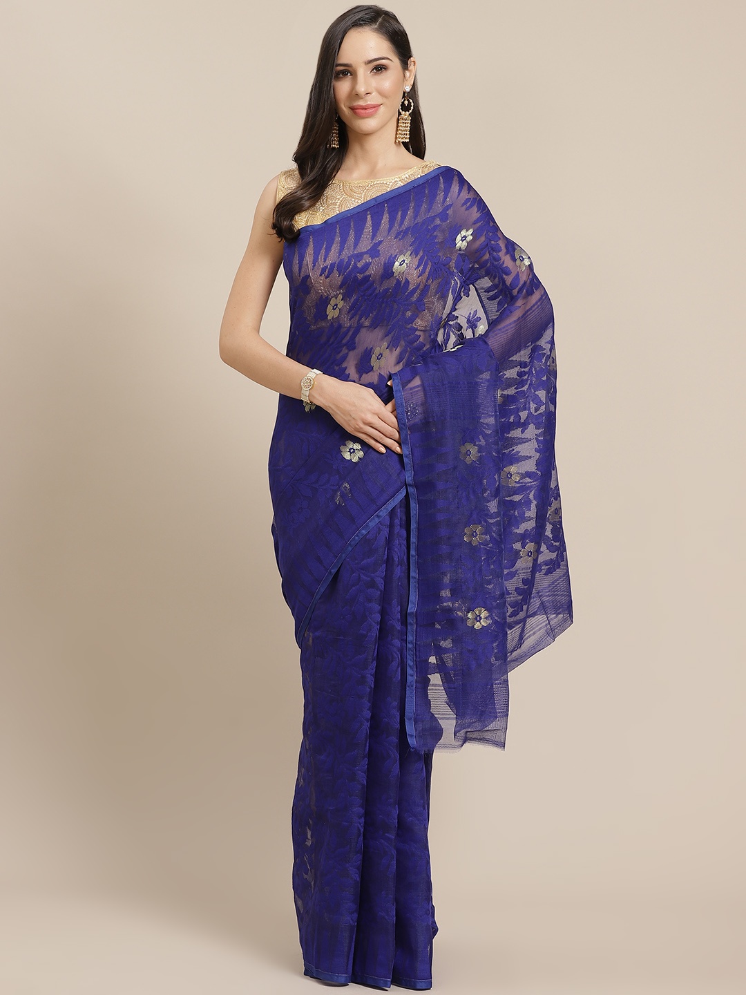 

Kalakari India Blue & Golden Woven Design Jamdani Handloom Saree