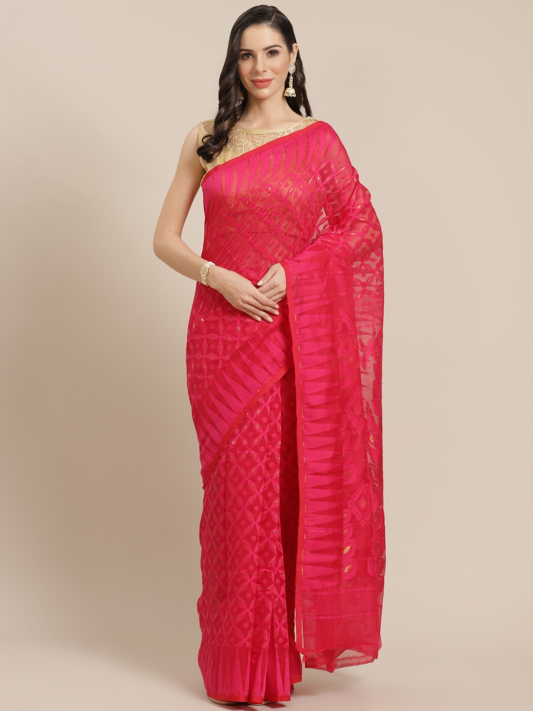 

Kalakari India Pink & Golden Woven Design Jamdani Handloom Saree