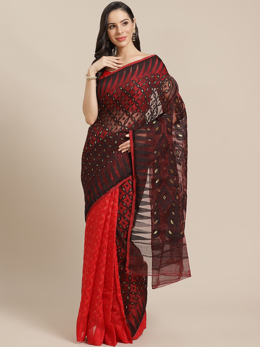 

Kalakari India Black & Red Woven Design Jamdani Handloom Saree