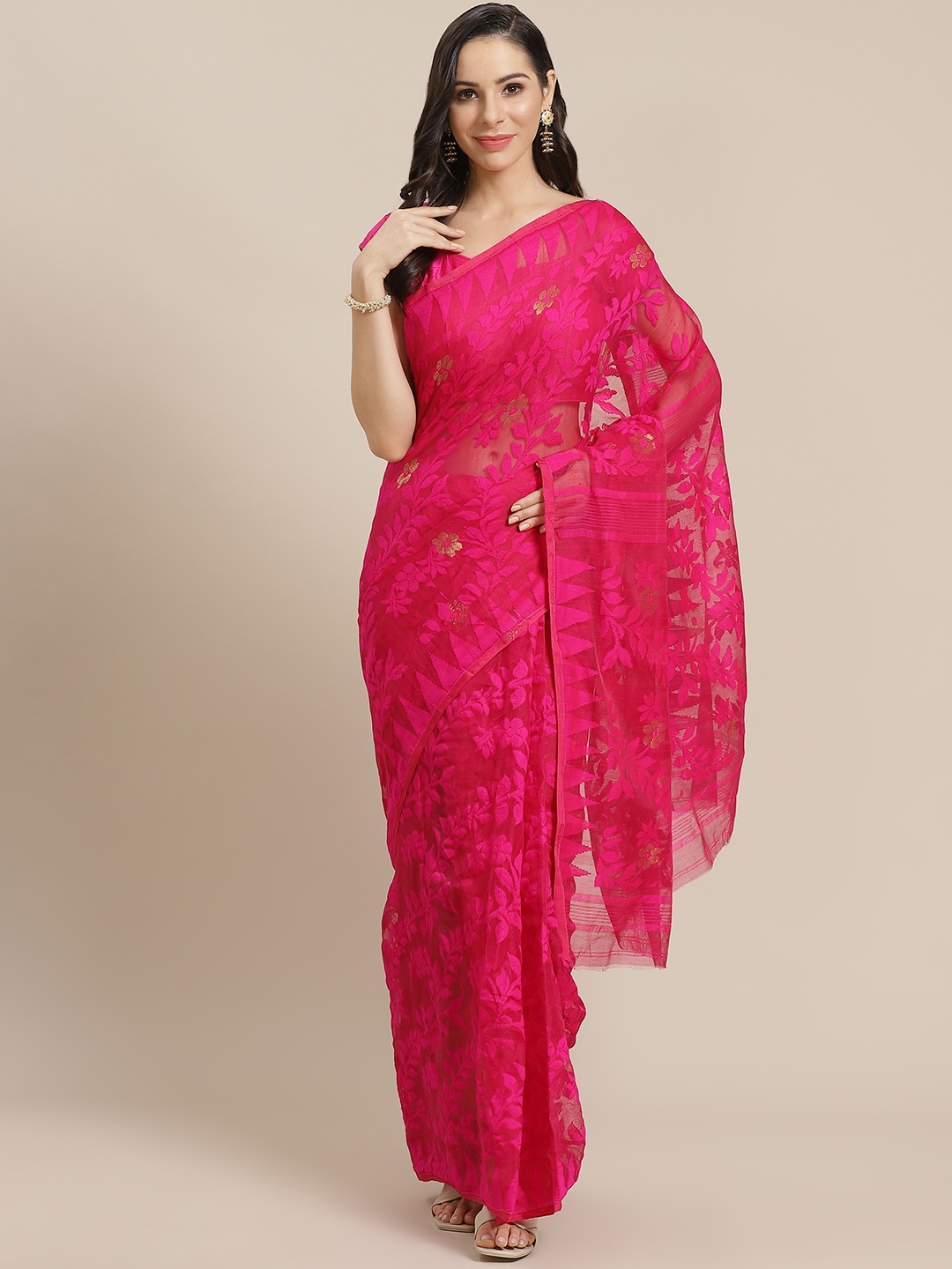 

Kalakari India Pink & Golden Woven Design Jamdani Handloom Saree