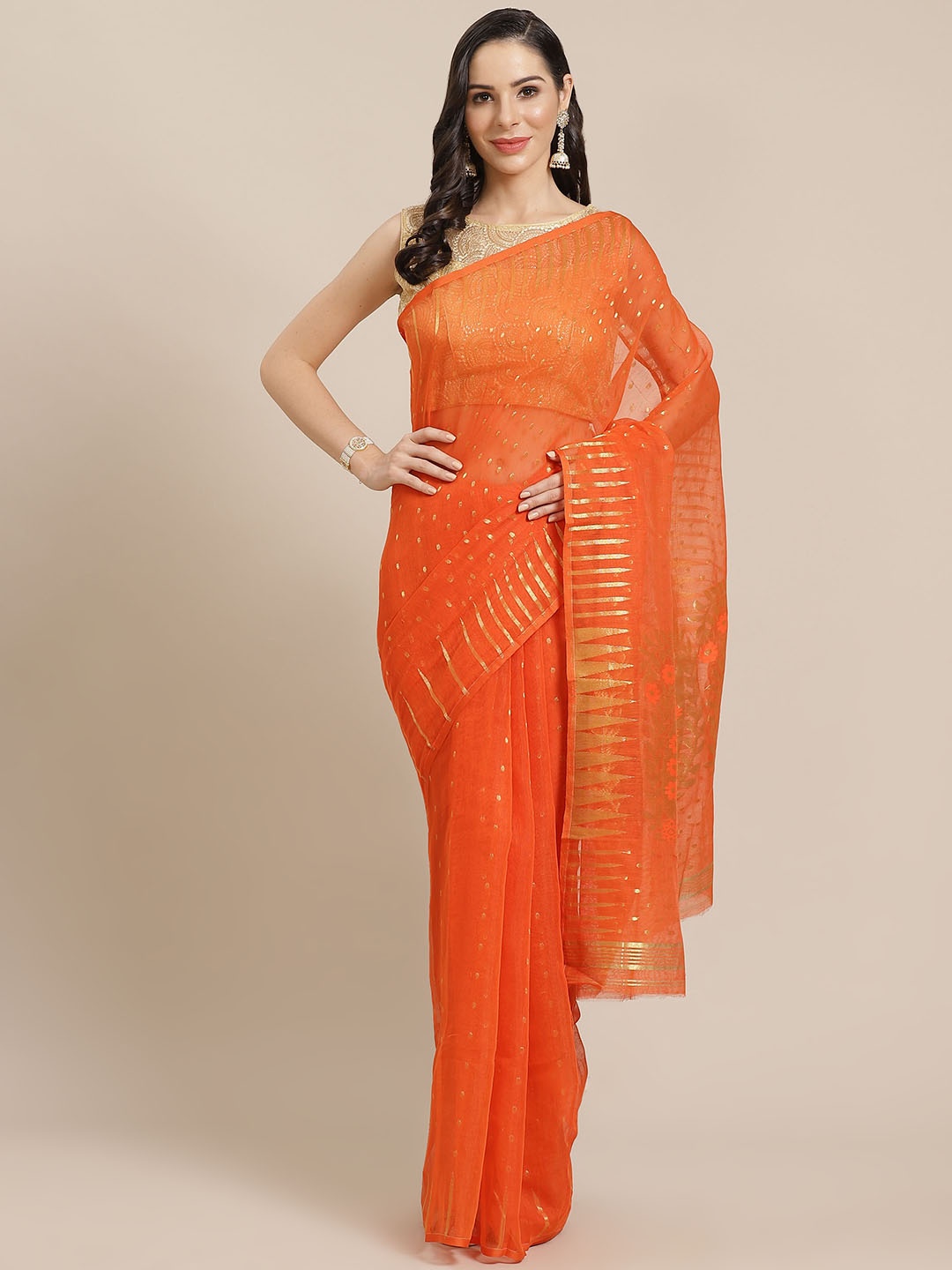 

Kalakari India Orange & Golden Woven Design Jamdani Handloom Saree