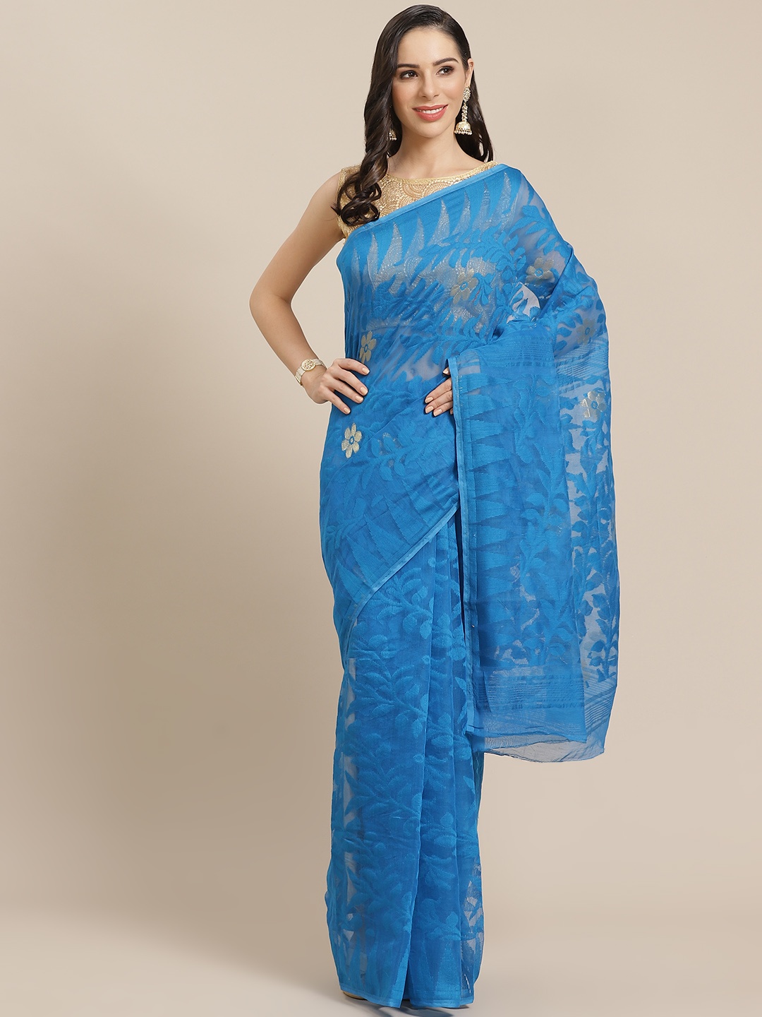 

Kalakari India Blue & Golden Woven Design Jamdani Handloom Saree