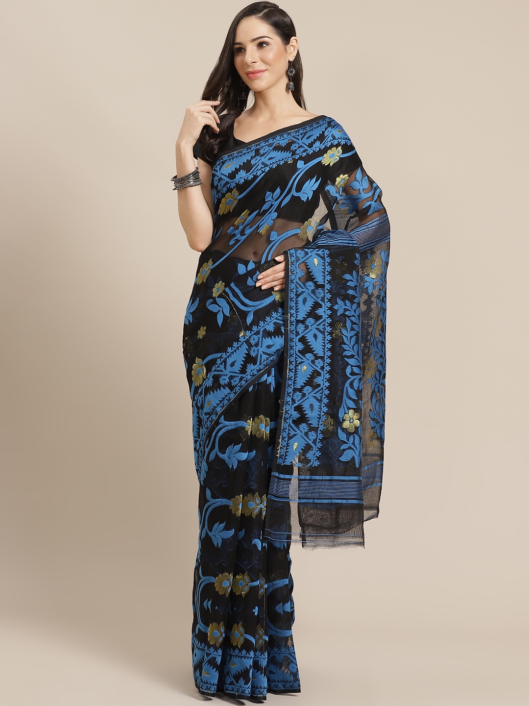 

Kalakari India Black & Blue Woven Design Jamdani Handloom Saree