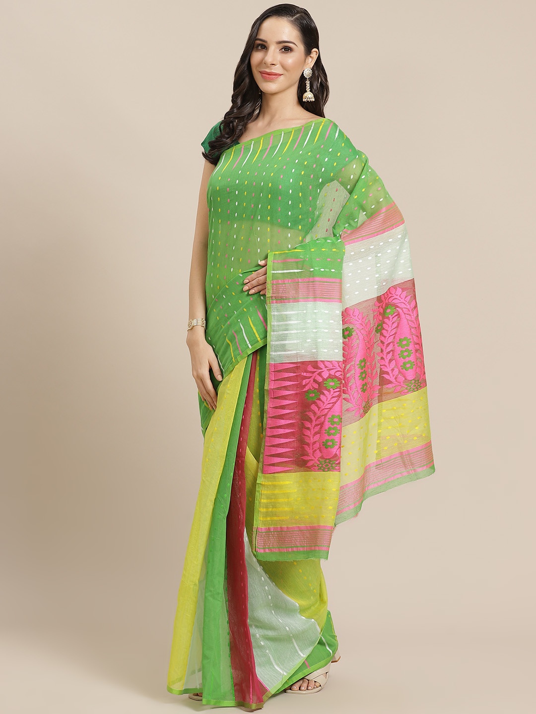 

Kalakari India Green & Pink Woven Design Jamdani Handloom Saree
