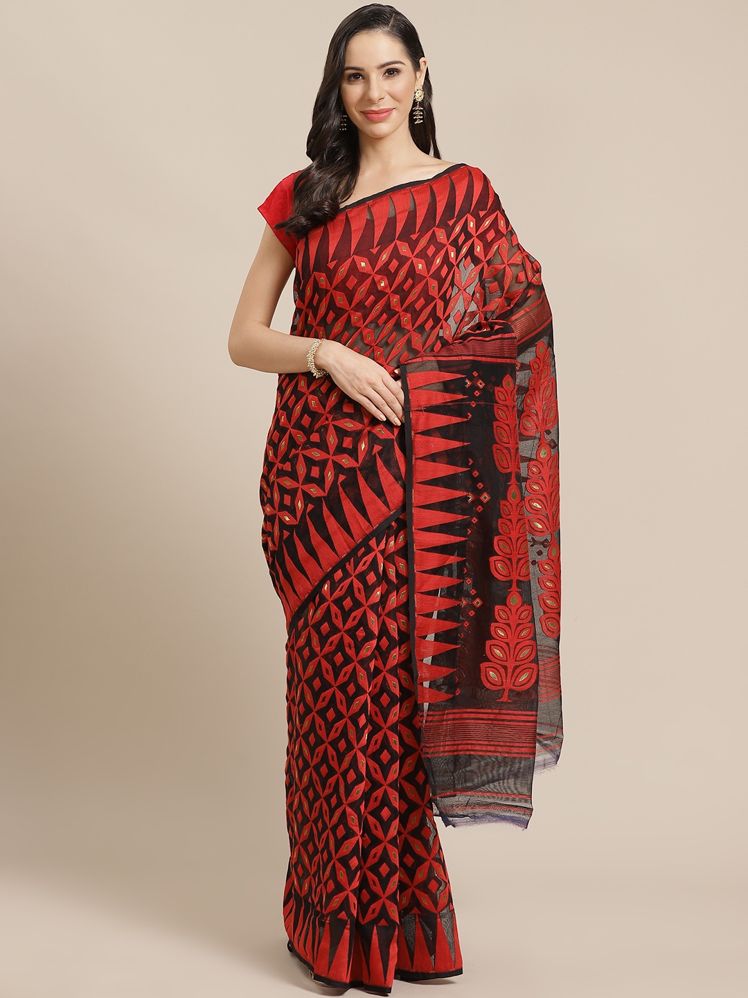 

Kalakari India Black & Red Woven Design Jamdani Handloom Saree