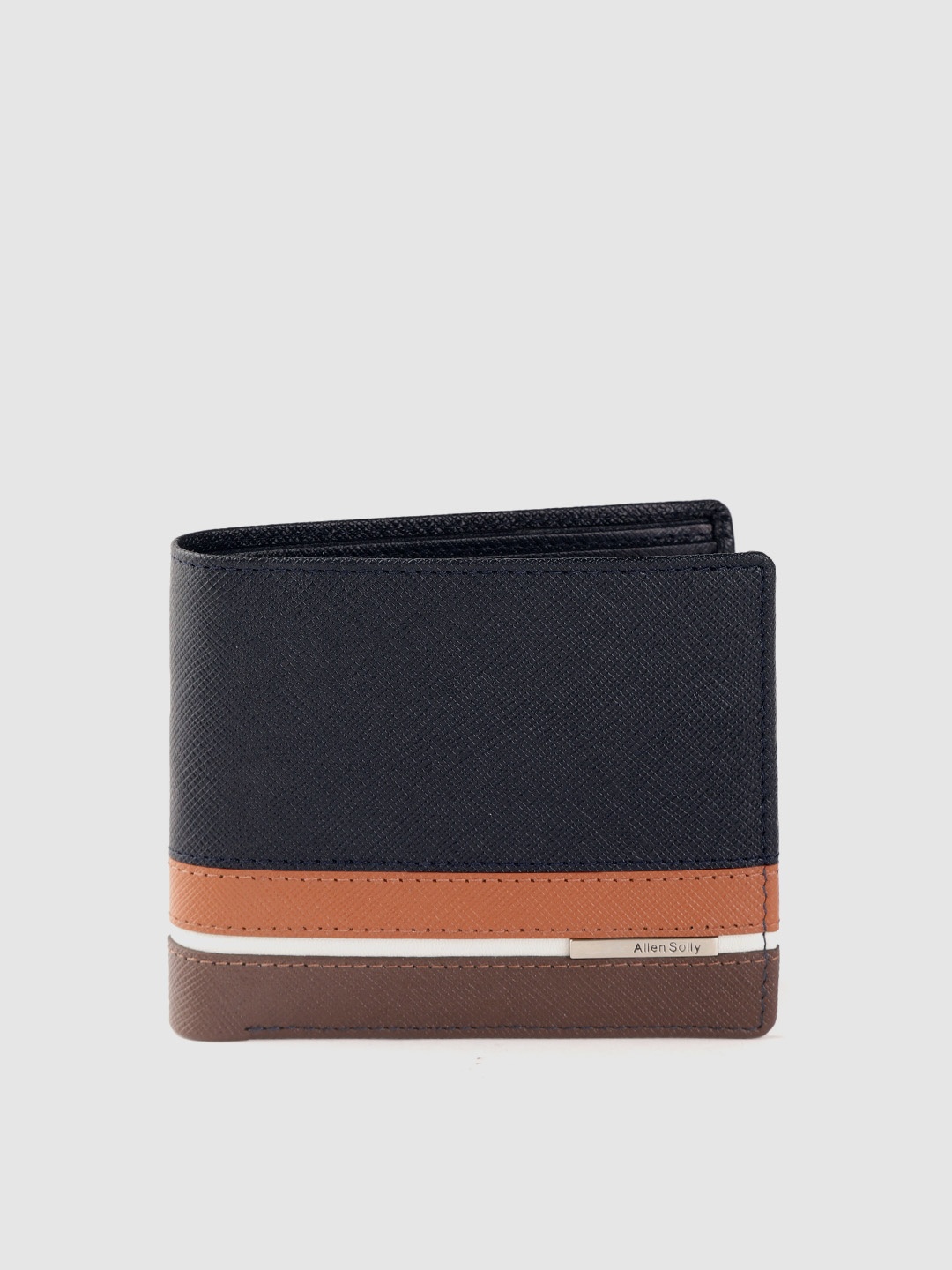 

Allen Solly Men Navy Blue & Brown Striped Leather Two Fold Wallet