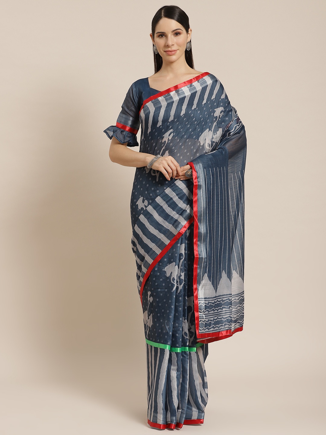 

Mitera Blue & Off White Jamdani Geometric Printed Saree