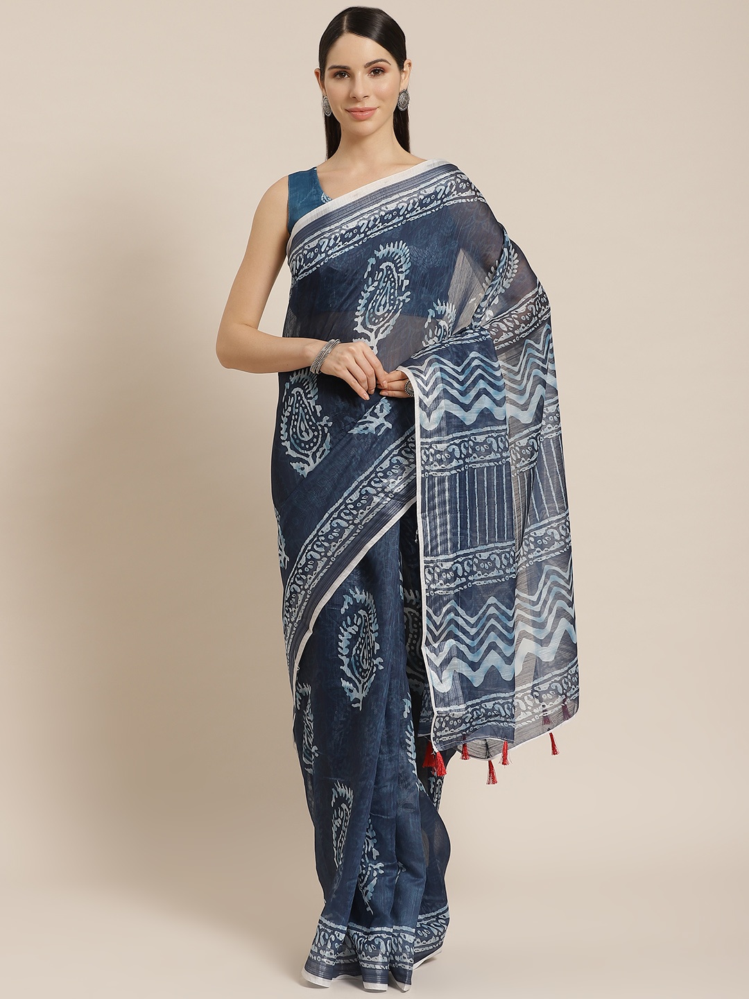 

Mitera Blue & Off White Ethnic Motifs Printed Jamdani Saree