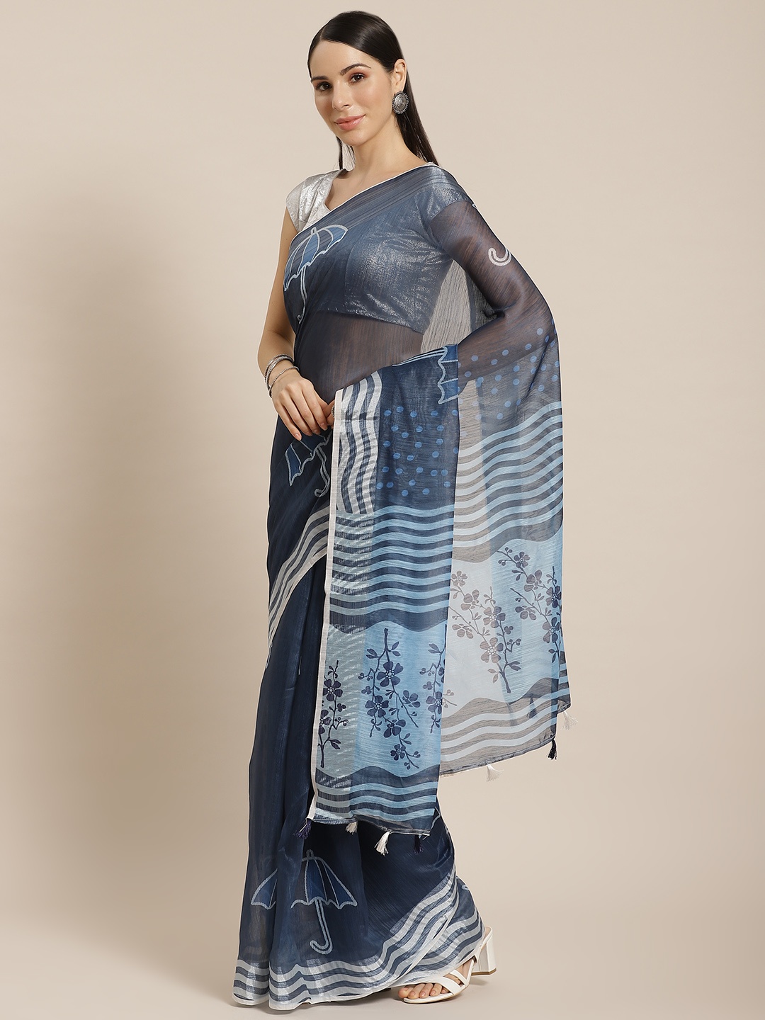 

Mitera Navy Blue Printed Indigo Saree