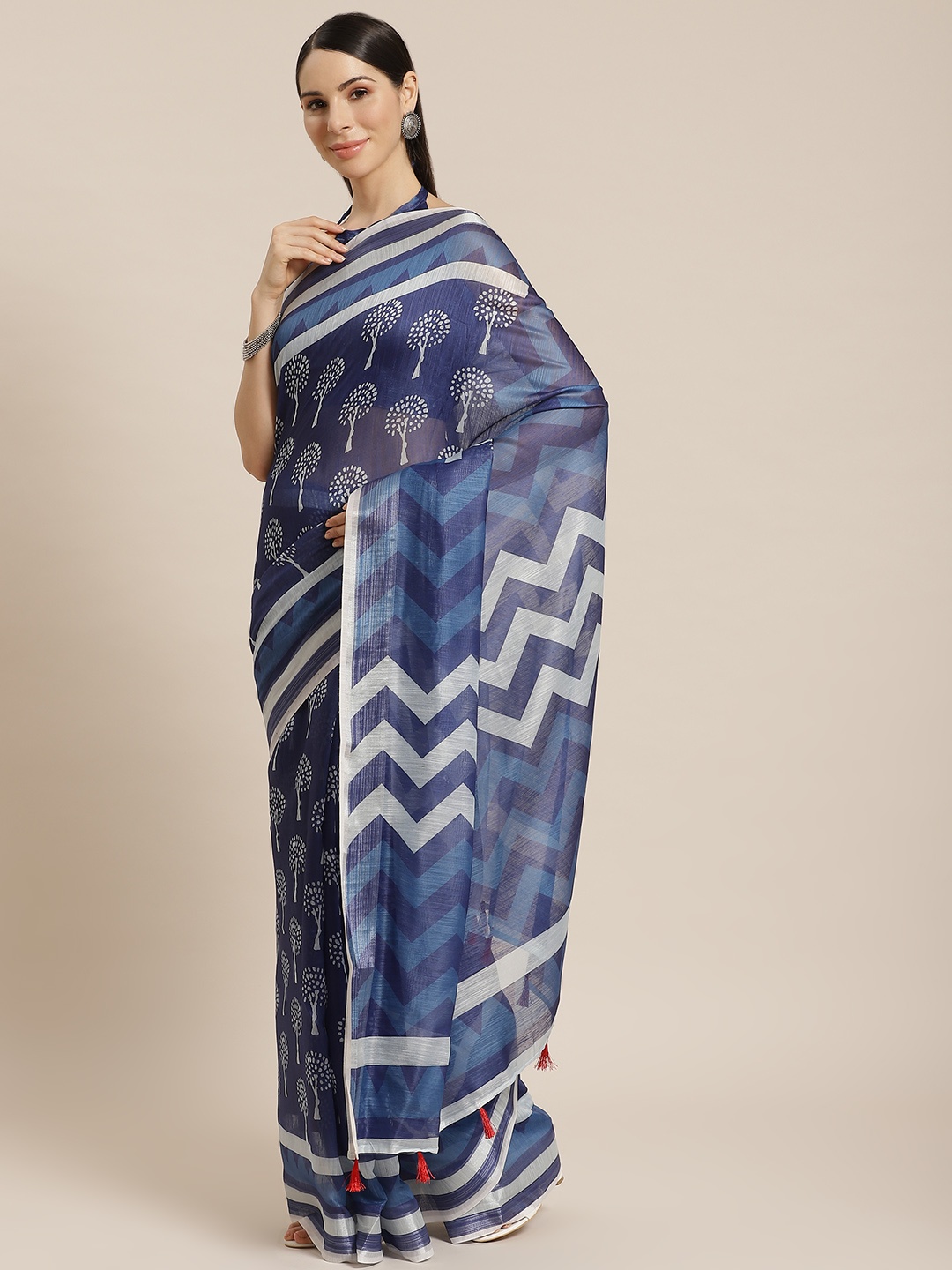 

Mitera Blue & Off White Ethnic Motifs Printed Saree