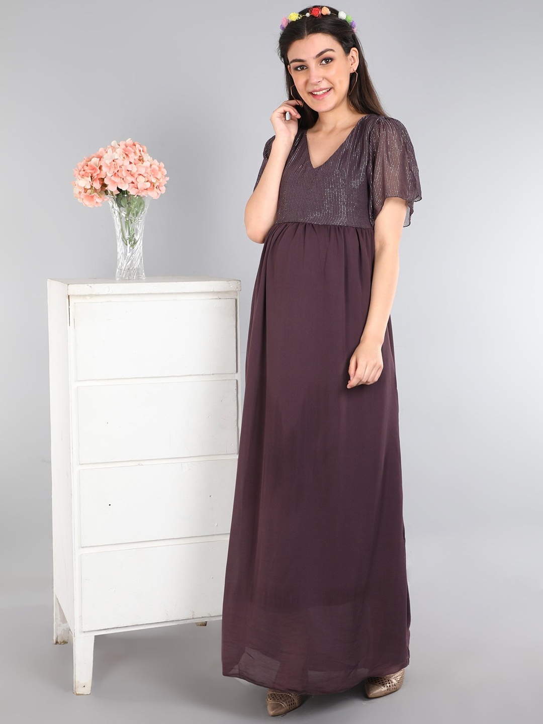 

The Mom Store Women Burgundy Self Design Maternity Maxi Dress