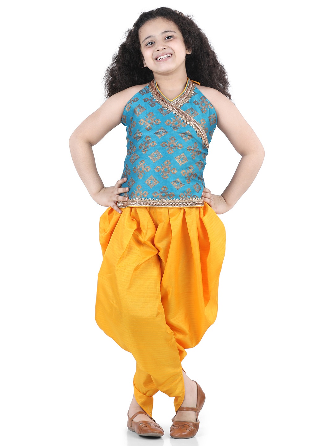 

ADIVA Girls Turquoise Blue & Yellow Printed Top with Dhoti Pants