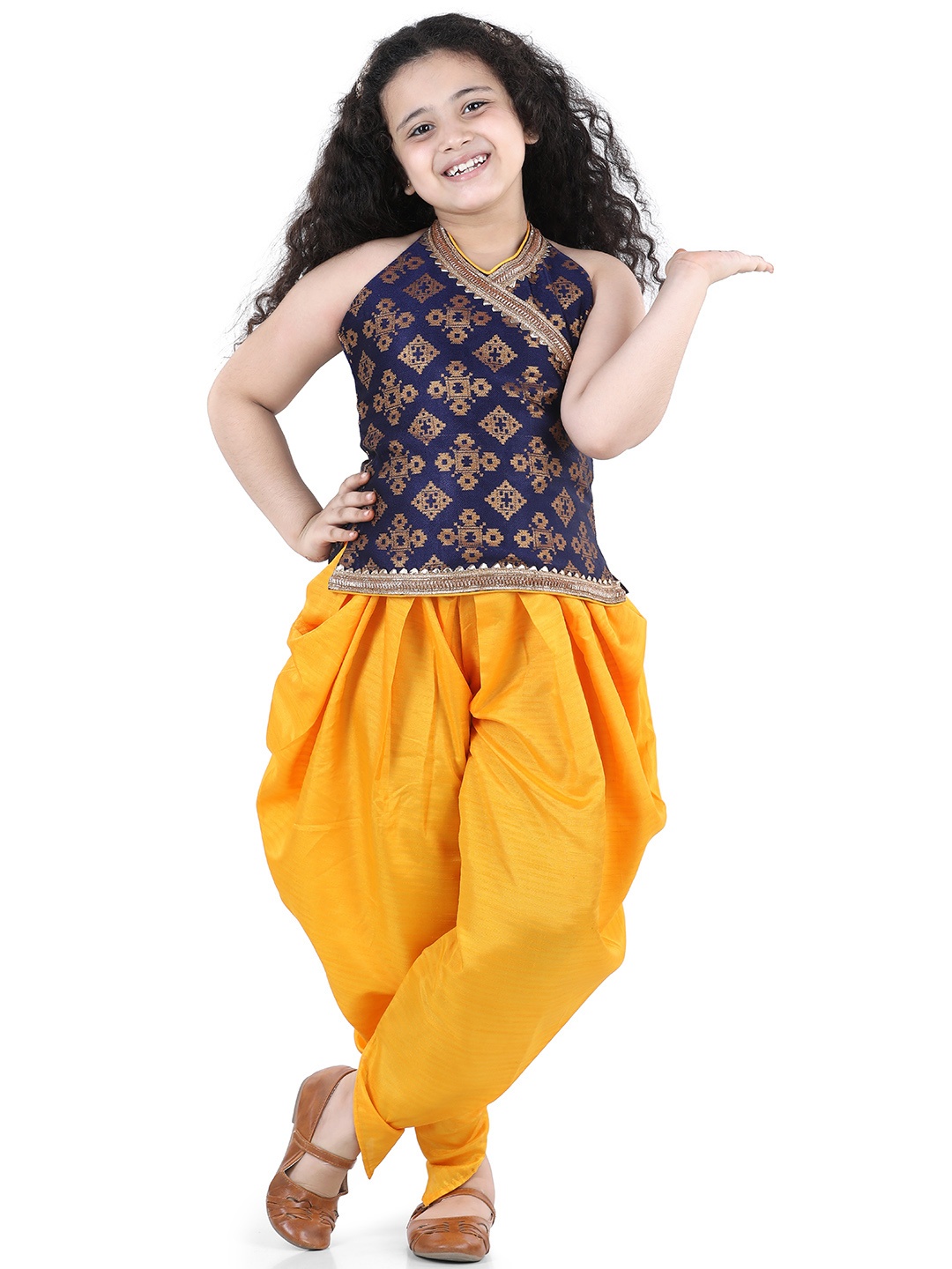 

ADIVA Girls Navy Blue & Yellow Printed Kurti with Dhoti Pants