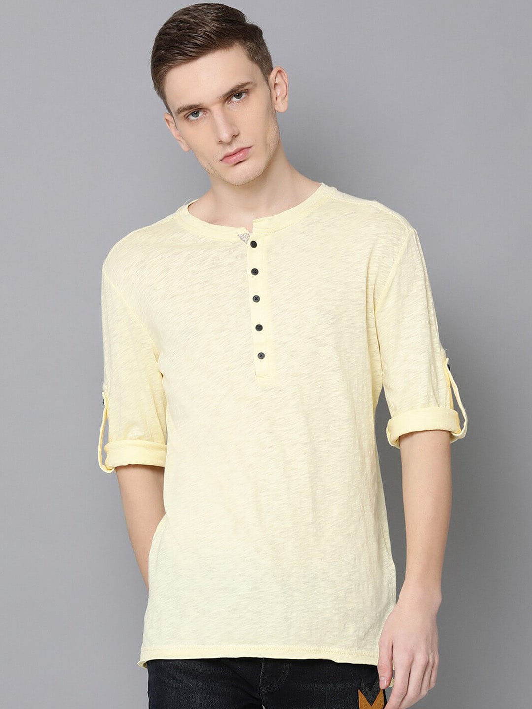 

Antony Morato Men Yellow Solid Henley Neck T-shirt