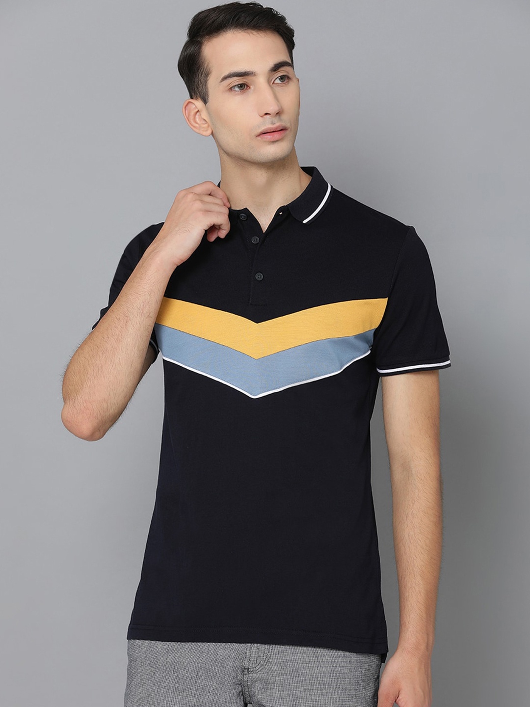 

Antony Morato Men Navy Blue Striped Polo Collar T-shirt