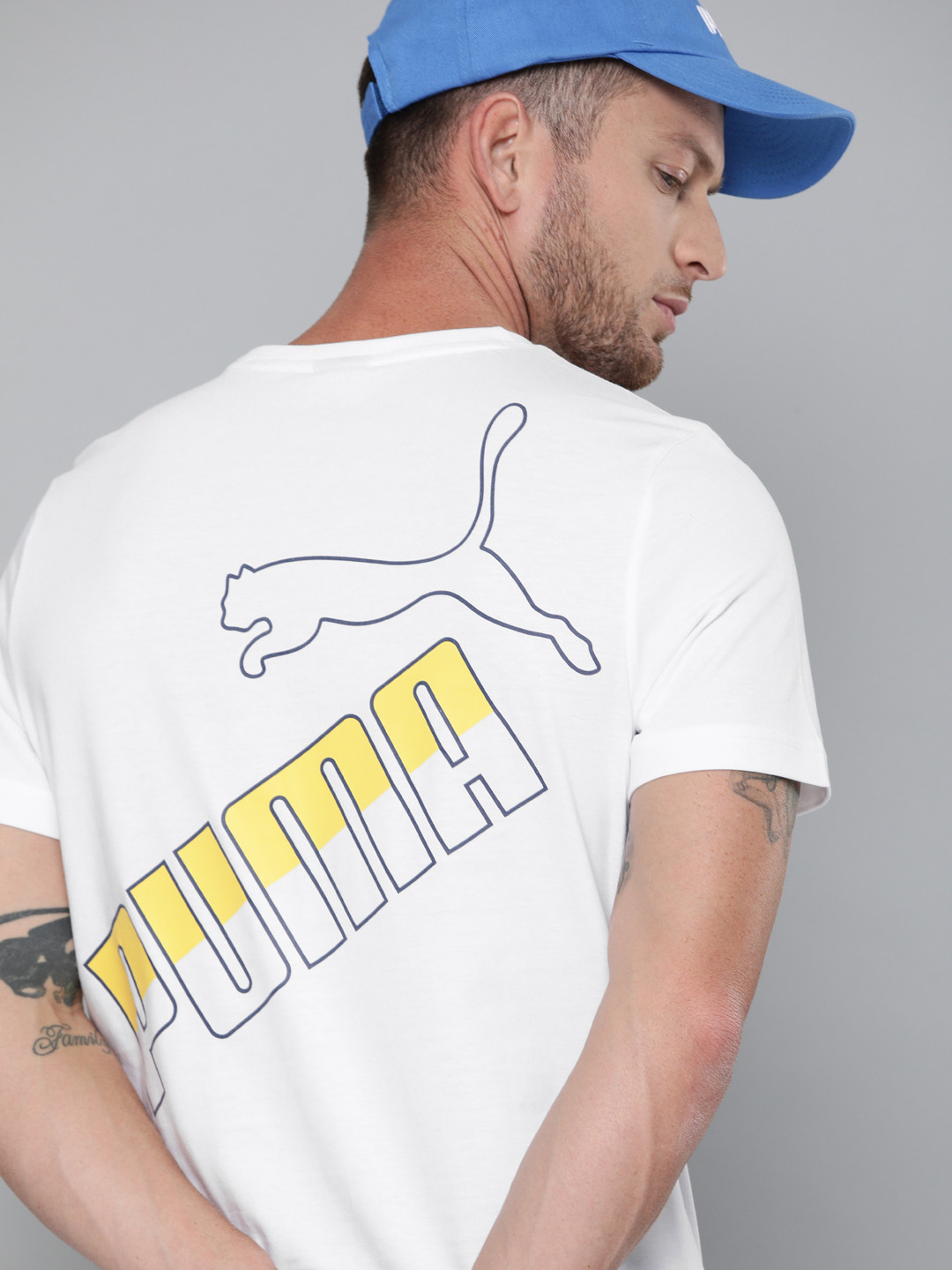 

Puma Men White Yellow Back Big Logo Graphic Printed Round Neck Pure Cotton T-shirt