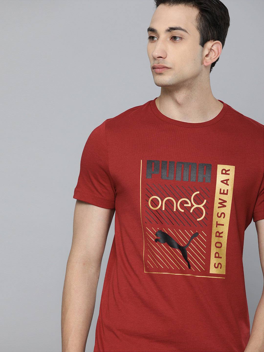 

one8 x PUMA Men Maroon VK Foil Graphic Printed Round Neck Pure Cotton Slim Fit T-shirt
