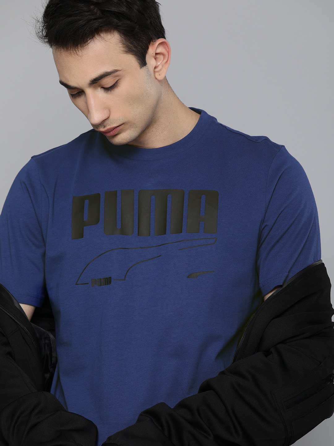 

Puma Men Navy Blue Black Printed Rebel Pure Cotton T-shirt