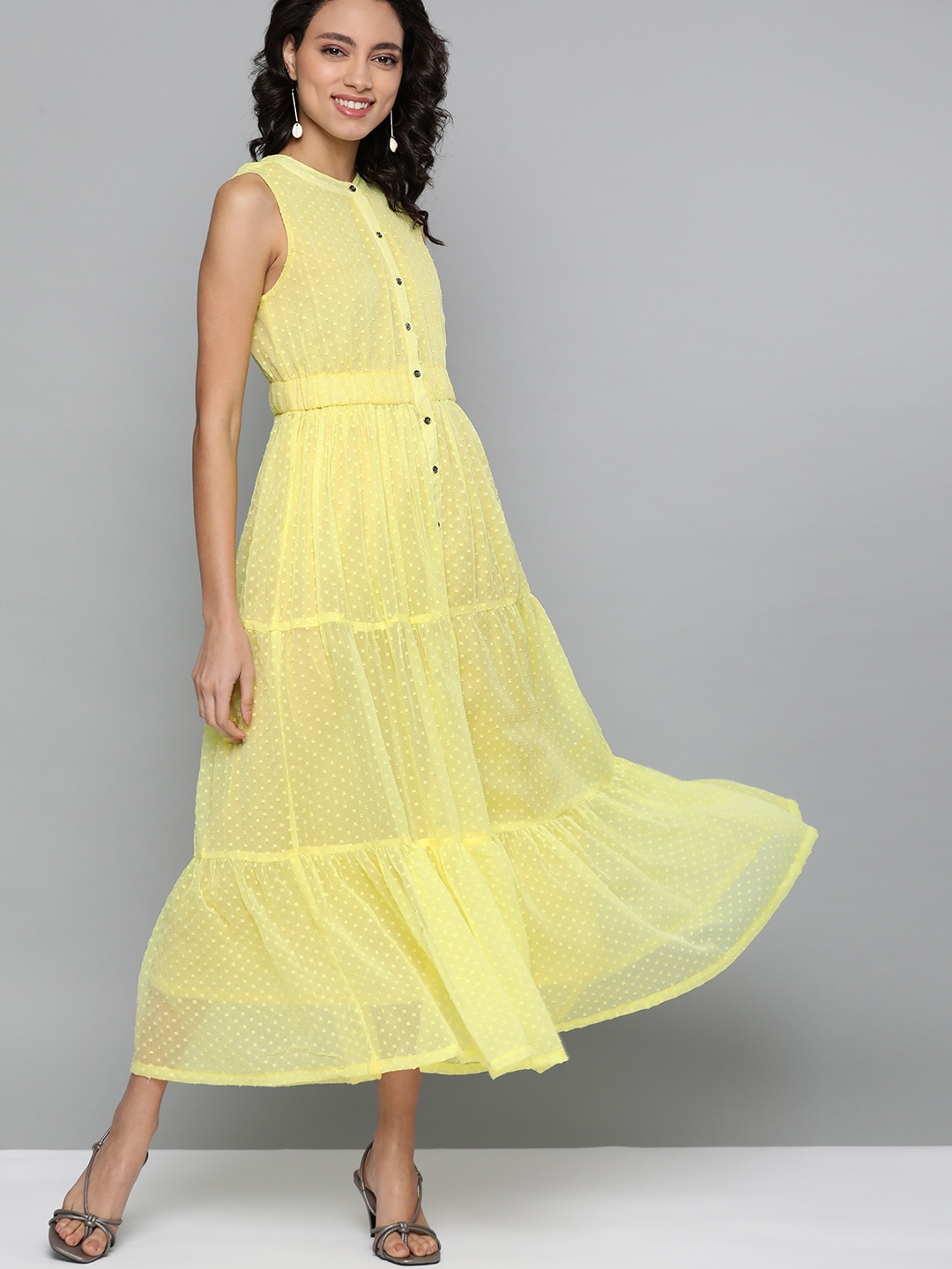 

HERE&NOW Women Yellow Dobby Self Design Tiered Maxi Dress