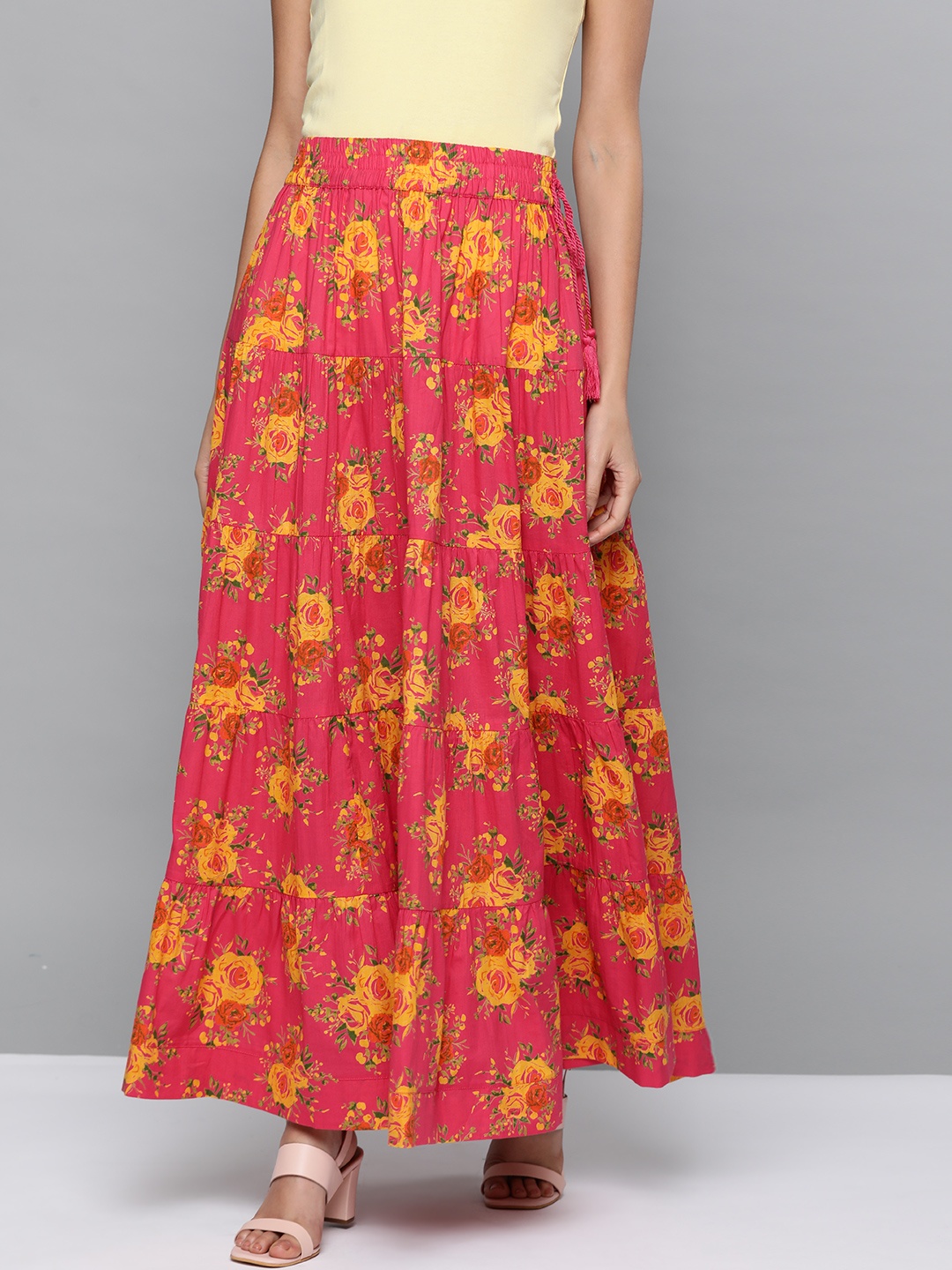 

HERE&NOW Women Pink & Yellow Floral Print Tiered Maxi Skirt