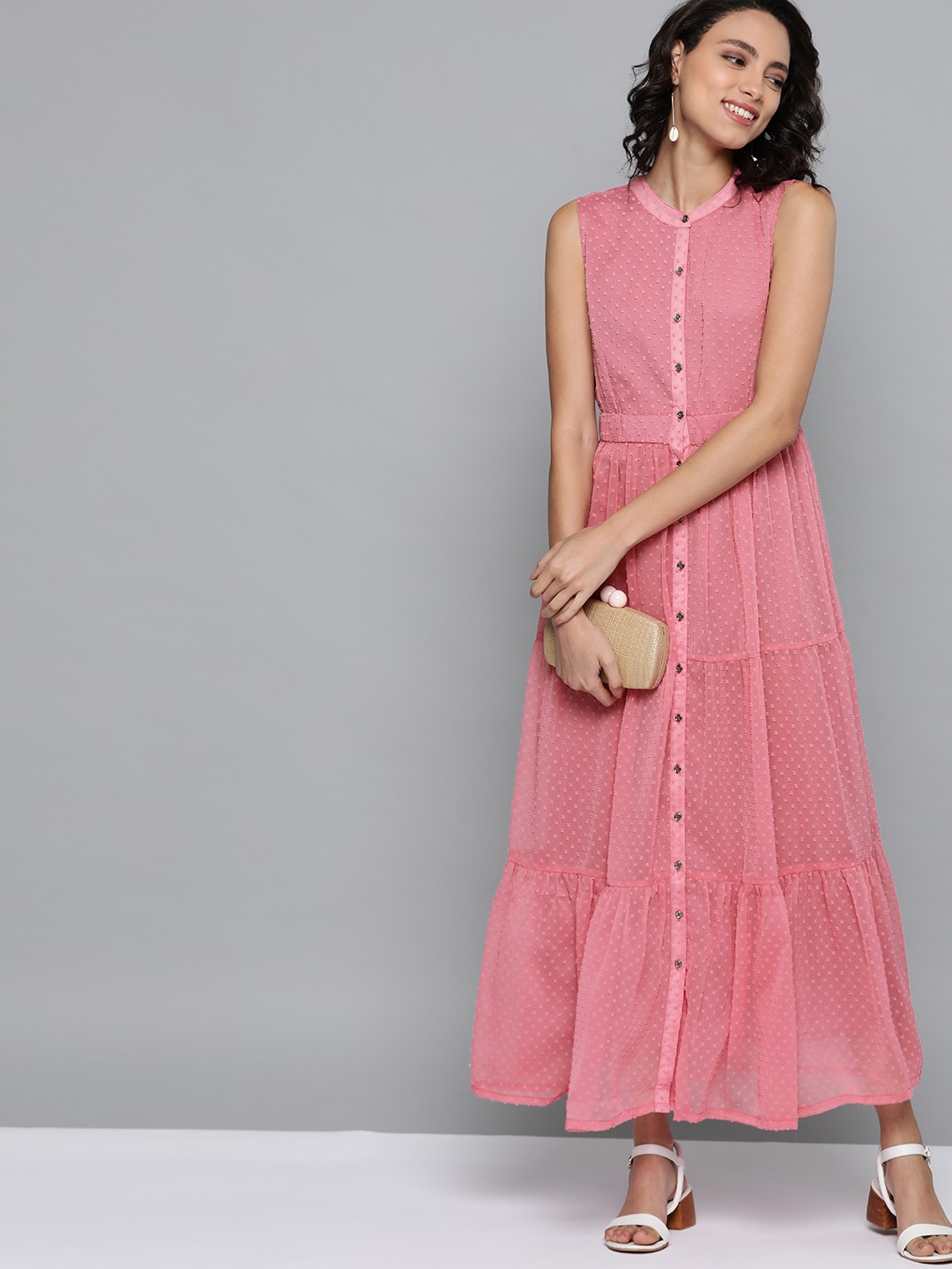 

HERE&NOW Women Pink Dobby Self Design Tiered Maxi Dress