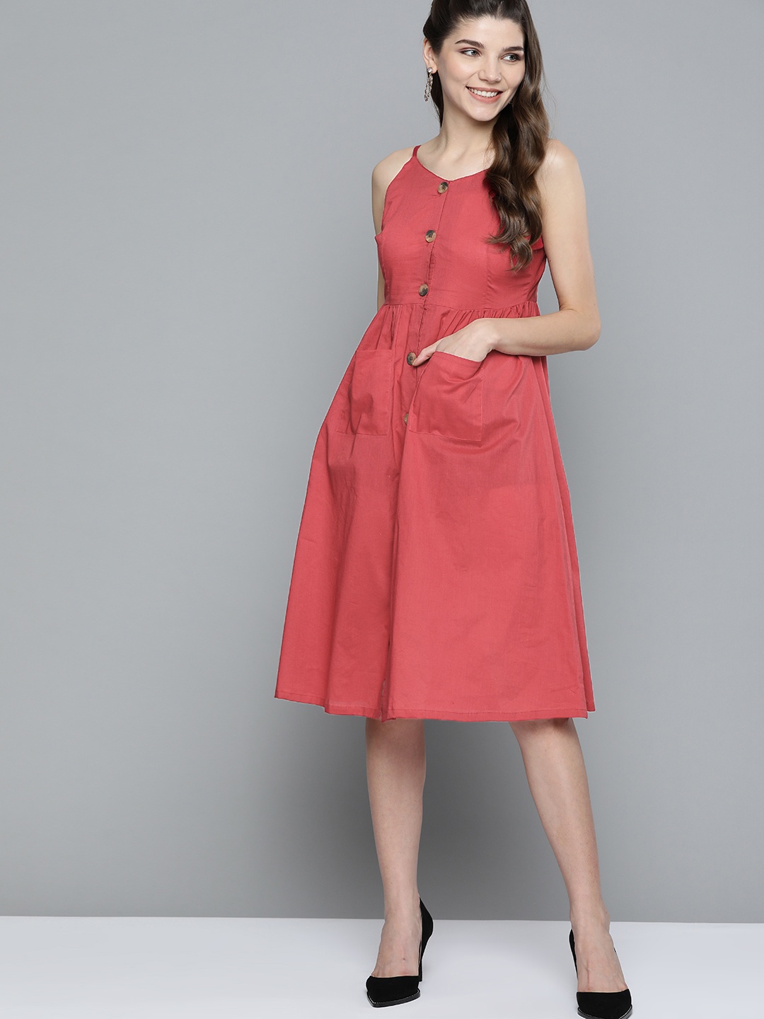 

HERE&NOW Women Red Pure Cotton Solid A-Line Dress