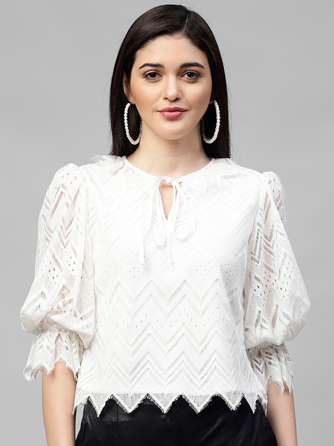 

Athena White Tie-Up Neck Puff Sleeves Lace Top