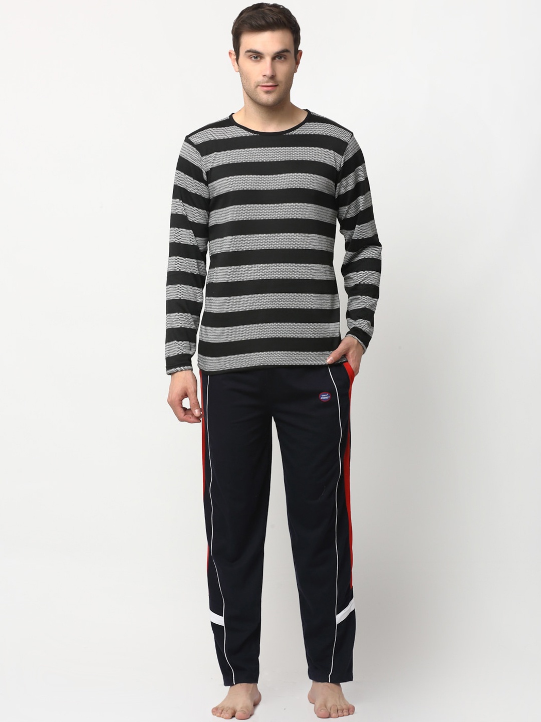 

VIMAL JONNEY Men Black & Grey Striped Night suit
