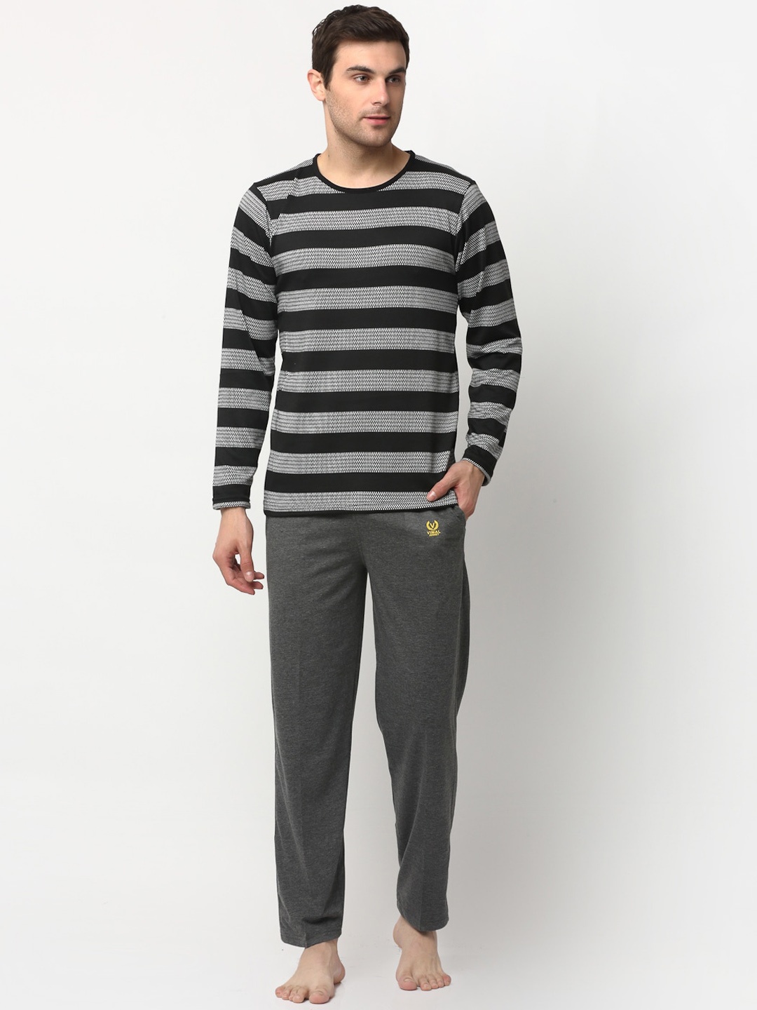 

VIMAL JONNEY Men Grey & Black Striped Night suit
