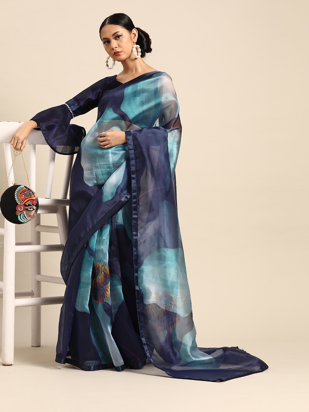 

Tikhi Imli Navy Blue Big Flower Print Organza Celebrity Saree