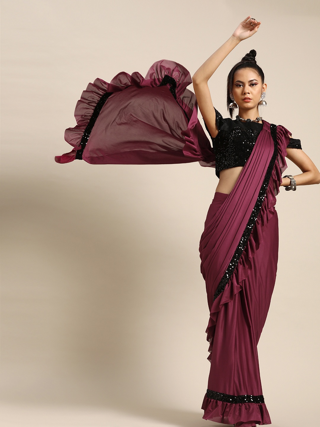 

Tikhi Imli Burgundy Solid Ruffled Ready To Wear Saree