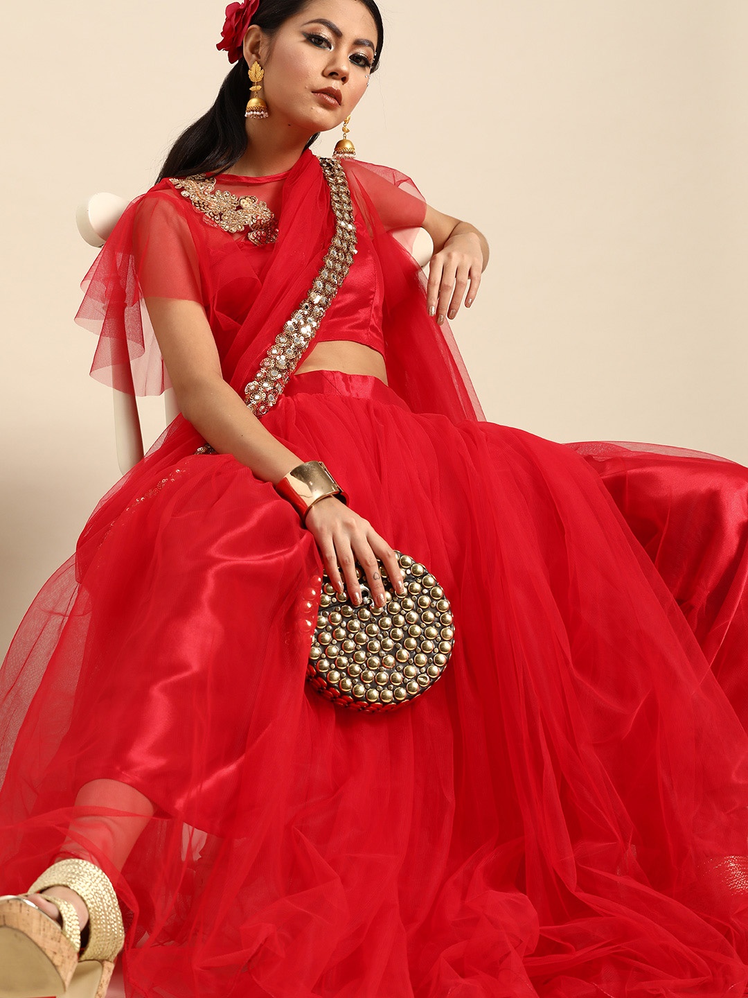 

Tikhi Imli Red Solid Sequinned Net Ready To Wear Saree